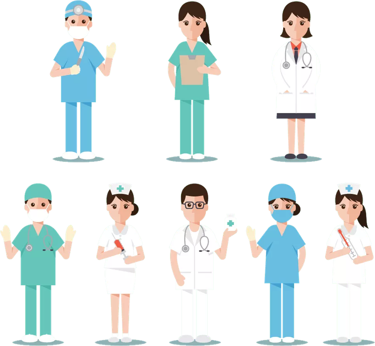 Illustration of healthcare professionals including doctors, nurses and surgeons