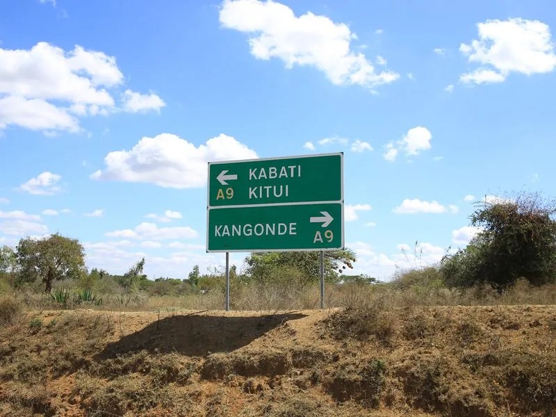 Road sign showing the turn-off to Kabati and Kitui