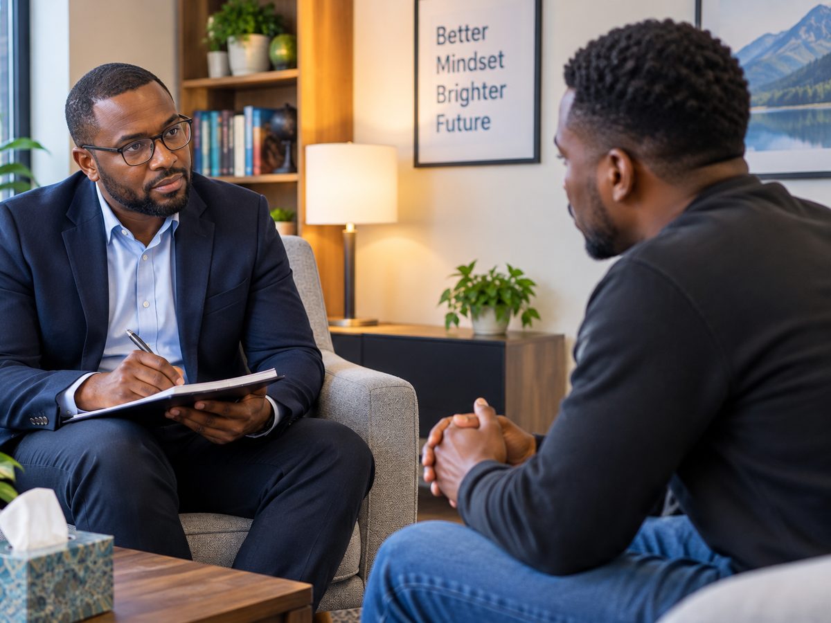 A counsellor listening closely to a client during a one-on-one session