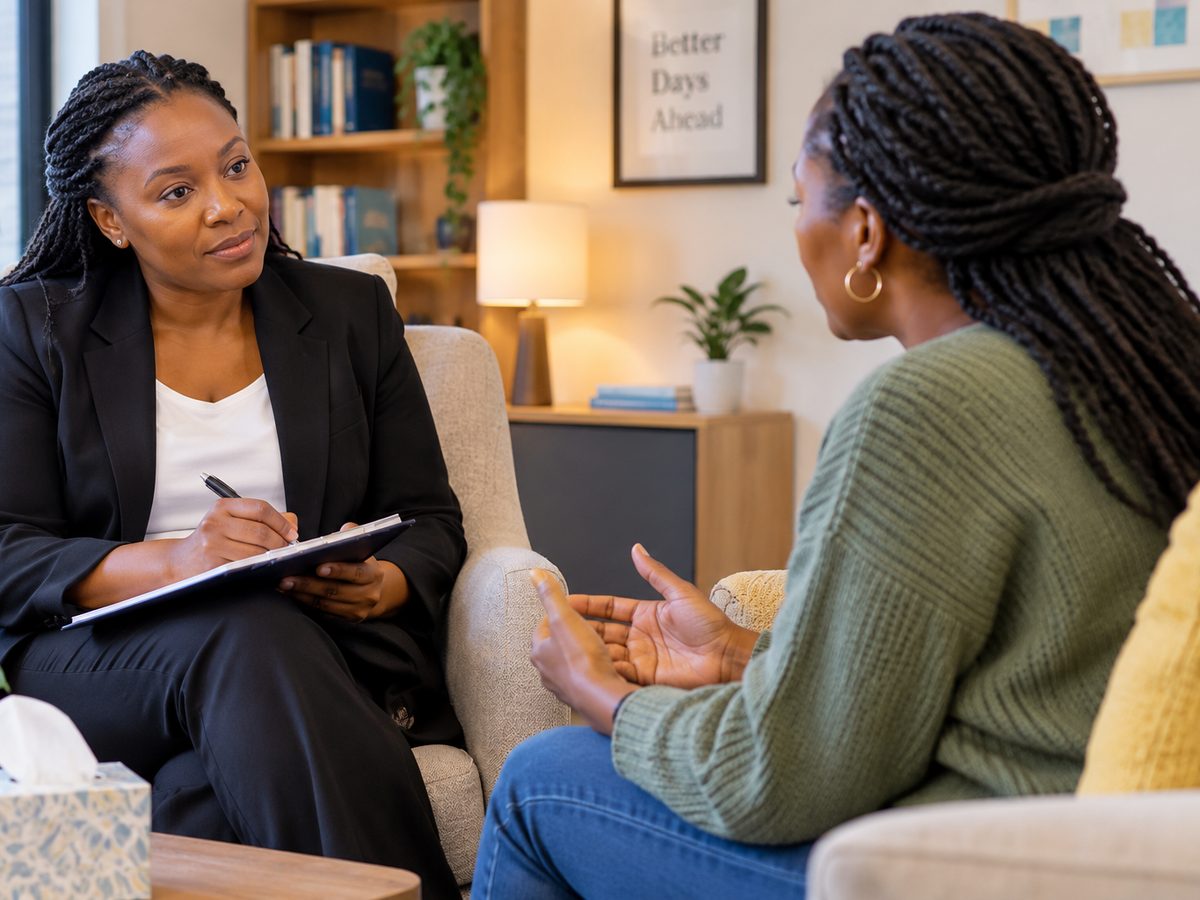 A counsellor listening as a client shares her concerns
