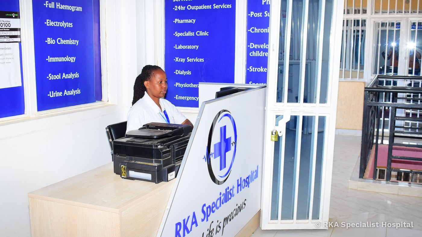 The reception desk and department signage at RKA Specialist Hospital