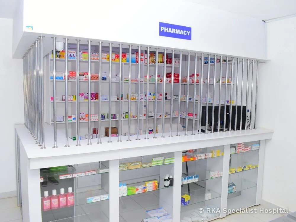 Pharmacy shelves and dispensing counter at RKA Specialist Hospital