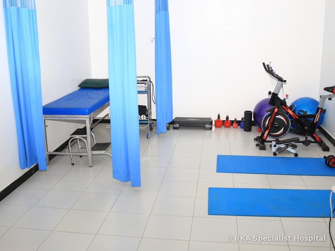Physiotherapy room with exercise equipment at RKA Specialist Hospital