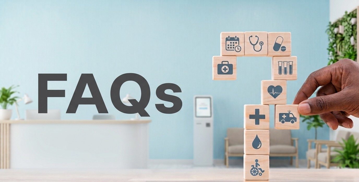Wooden blocks with medical icons forming a question mark, representing frequently asked questions
