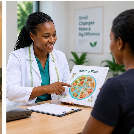 A nutritionist reviewing a healthy eating plan with a patient