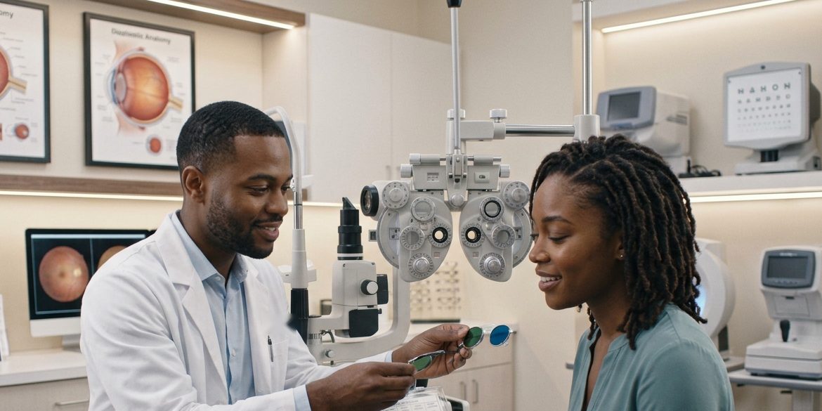 An optometrist showing a patient trial lenses during an eye examination