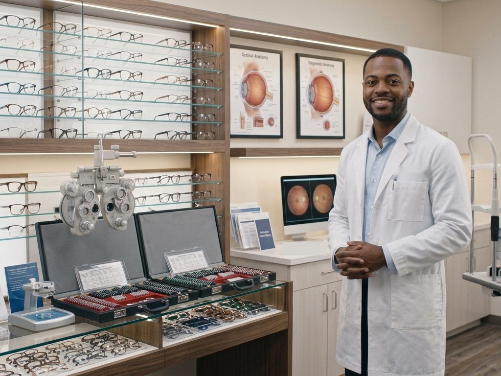 Optometrist beside a display of prescription frames and trial lens sets