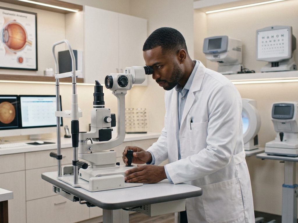 Optometrist preparing a slit lamp for an eye examination