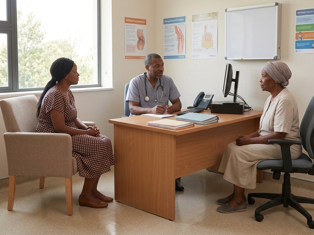A clinician discussing care with a patient and family member