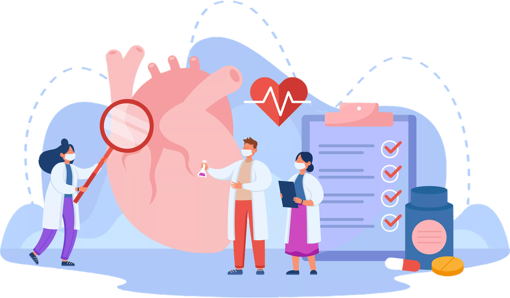 Illustration of doctors reviewing a heart and a health checklist
